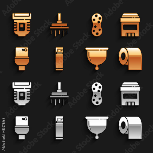 Set Shaving gel foam, Antiperspirant deodorant roll, Toilet paper, Menstrual cup, bowl, Sponge, Epilator and Shower head icon. Vector