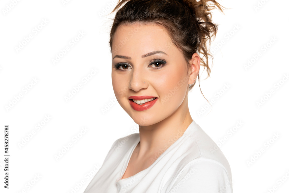 Portrait of young beautiful woman with make up, isolated on white. Portrait of young beautiful woman with make up, isolated on white.