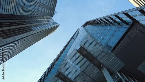 Generic upward-looking aerial view of city of London skyscrapers and office buildings