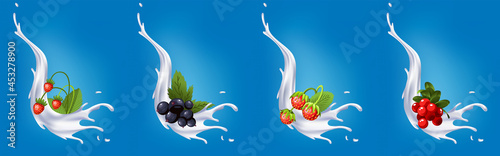 Fruit berries yogurt with realistic milk splashs. Pouring white dairy products and cranberries currants wild strawberries strawberries. Isolated sample advertising realistic natural yogurt or cream photo