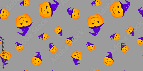Halloween pumpkin seamless pattern. Festive pumpkin on dark background. Vector illustration for design, invitation, wrapping paper, banner, advertisement, promotion. Halloween concept.