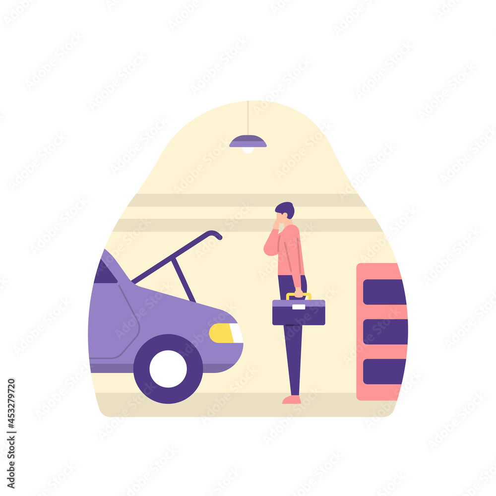 illustration of a man checking engine condition and repairing a car. auto mechanic, repairman, engineer concept. work and profession. flat cartoon style. vector design