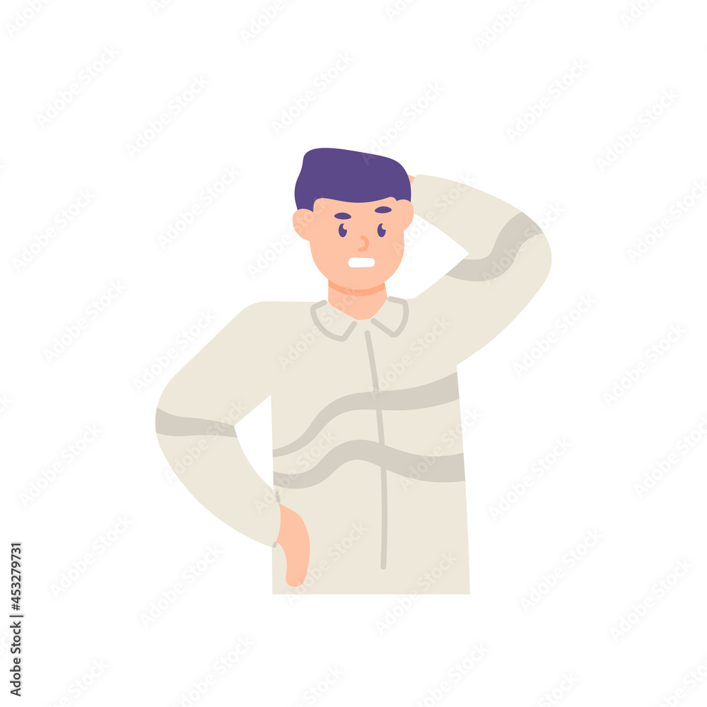 illustration of a man scratching his head because he is confused. think. confused expression. flat cartoon style. vector design