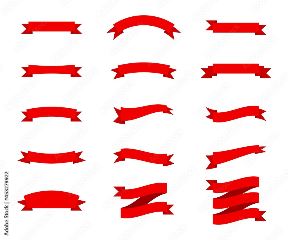Collection of isolated red ribbons in various styles flat vector.