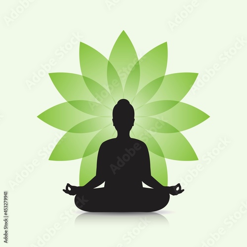Female doing yoga meditation silhouette spiritual vector background.