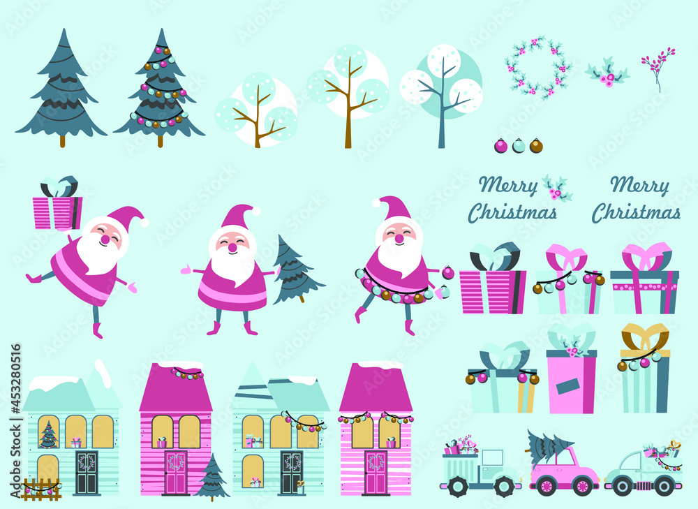 Christmas set. Cute characters, Santa, toys, Christmas tree, sweets and gifts. Pastel palette.