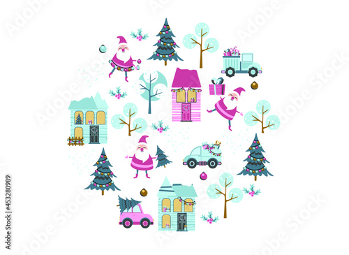Santa toy pattern, Christmas tree and other holiday details. Childish hand-drawn scandinavian style. Vector illustration