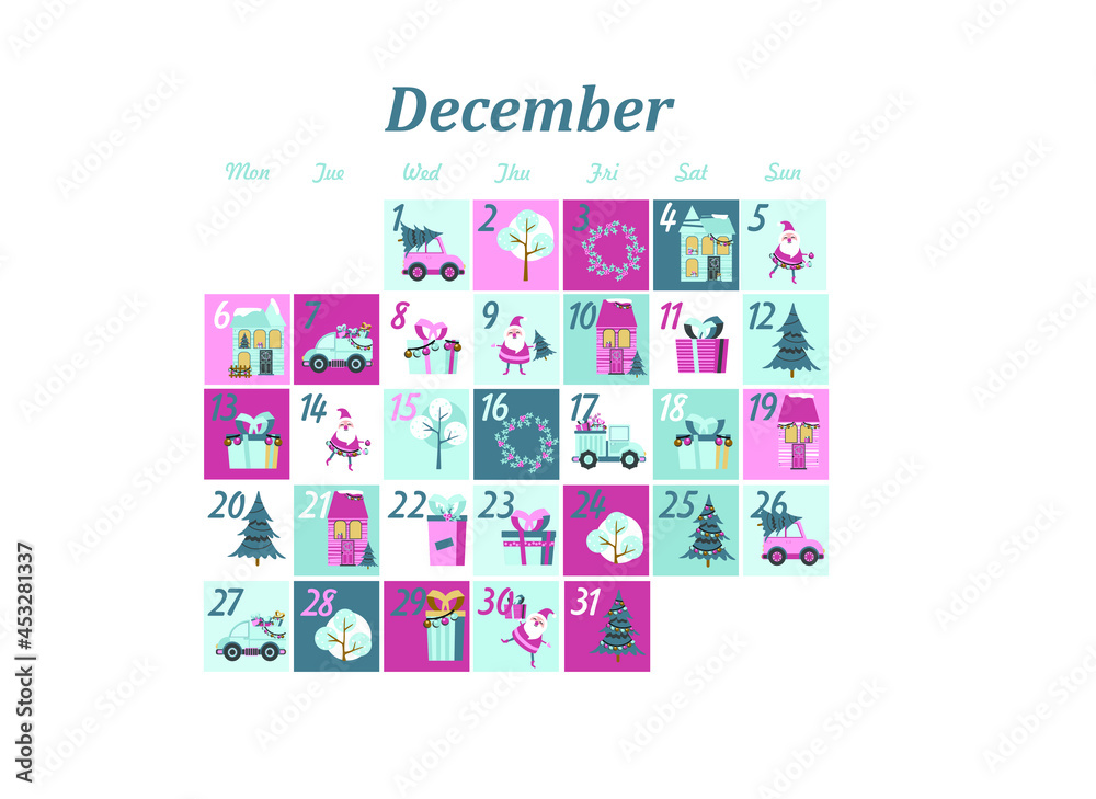 holiday advent calendar for december. winter illustration in flat style