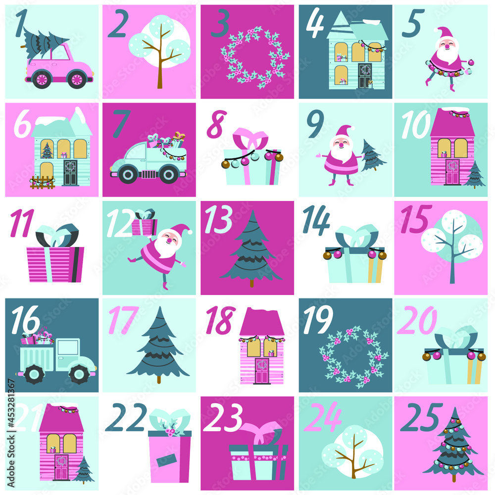 holiday advent calendar. winter illustration in flat style holiday advent calendar. winter illustration in flat style