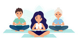 Young and old people do yoga, practice meditation. Yoga class. Women and men exercise to maintain an active healthy lifestyle. Yoga practice. Illustration in flat style for fitness concept.