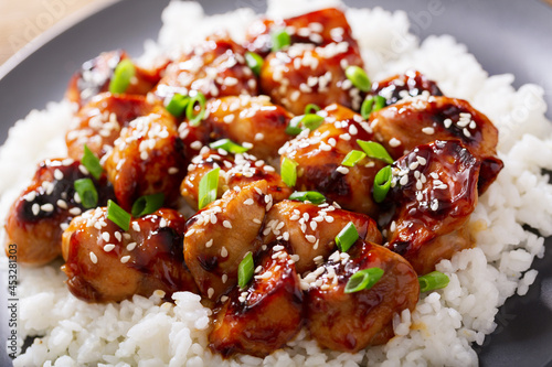 Plate of teriyaki chicken with rice