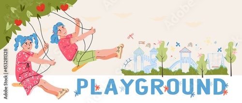 Children playground banner  or flyer template  with little girls swinging on swing. Kids playground  and outdoor entertainments  poster template for amusement park, flat cartoon vector illustration.