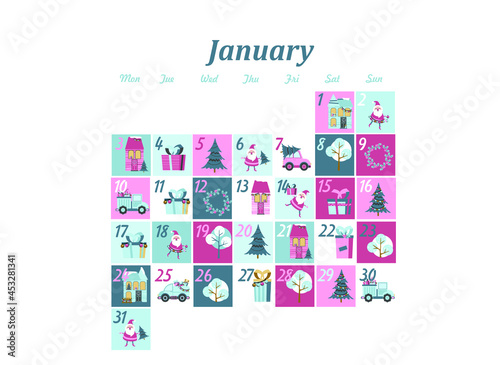 holiday calendar for january. winter illustration in flat style