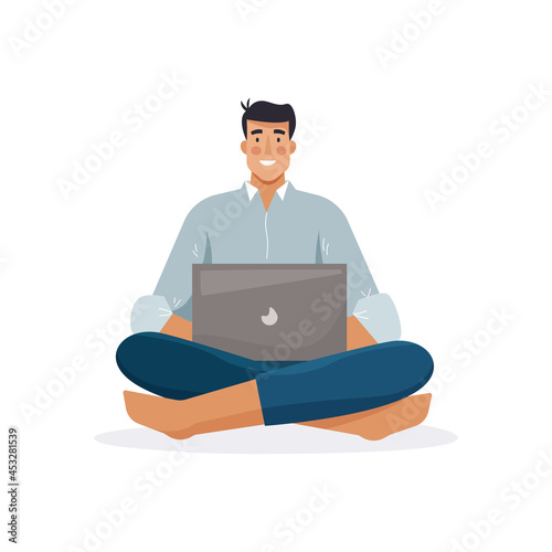 Man work with computer. Freelancer with laptop. Flat cartoon style. Vector illustration