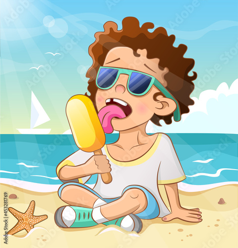 Little boy eating ice cream. Curly cool child in sunglasses on the sea beach. Vector illustration. Summer background with sea, sky, clouds, starfish and sailboat on the sea waves.