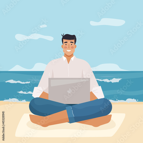 Man with computer work on beach. Freelancer with laptop. Flat cartoon style . Vector illustration