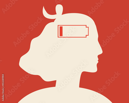 Woman mental health, silhouette vector stock illustration with battery charge as a concept of burnout and chronic fatigue of a person