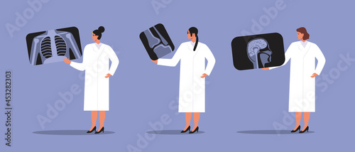 Doctors with MRI images of lungs, brain, joint, flat vector stock illustration with computer tomogram or MRI and doctors isolated