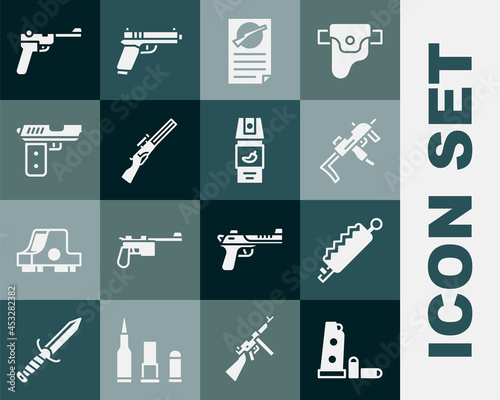 Set Gun magazine and bullets, Trap hunting, MP9I submachine gun, Firearms license certificate, Hunting, Pistol or, Mauser and Pepper spray icon. Vector