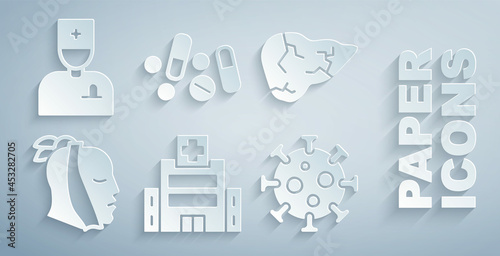 Set Medical hospital building, Hepatitis virus, Toothache, Virus, Medicine pill or tablet and Male doctor icon. Vector