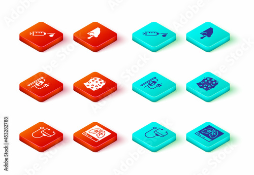 Set Stethoscope, Lungs x-ray, IV bag, Psoriasis or eczema rash, Runny nose and Syringe icon. Vector
