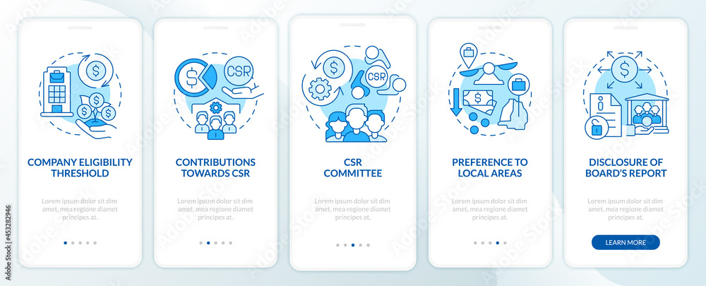 CSR basics blue onboarding mobile app page screen. Corporate social responsibility walkthrough 5 steps graphic instructions with concepts. UI, UX, GUI vector template with linear color illustrations