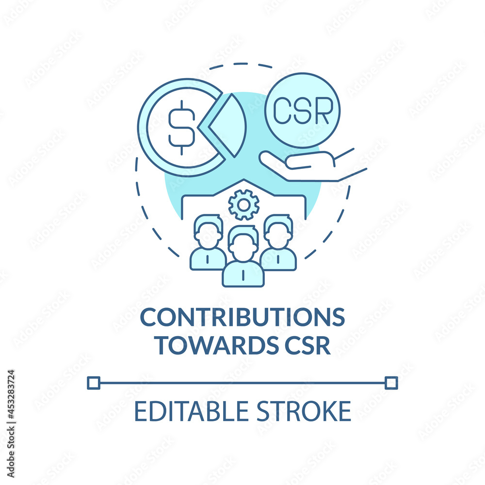 Contributions towards CSR blue concept icon. Business donates money and services abstract idea thin line illustration. Sustainable development. Vector isolated outline color drawing. Editable stroke Contributions towards CSR blue concept icon. Business donates money and services abstract idea thin line illustration. Sustainable development. Vector isolated outline color drawing. Editable stroke