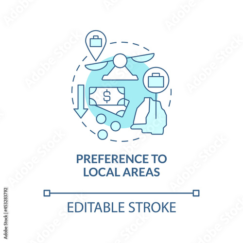 Preference to local areas blue concept icon. Business prefer areas around abstract idea thin line illustration. Corporate social responsibility. Vector isolated outline color drawing. Editable stroke