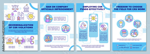 Decriminalization of CSR violations brochure template. Flyer, booklet, leaflet print, cover design with linear icons. Vector layouts for presentation, annual reports, advertisement pages