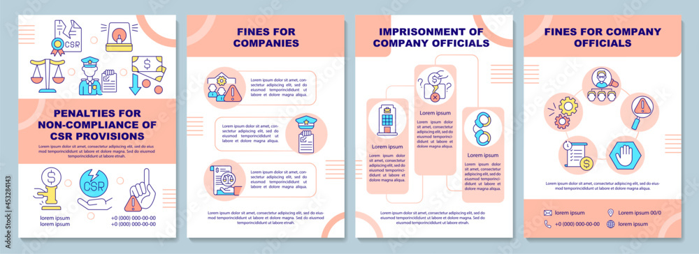 CSR non-compliance penalties brochure template. Breach consequences. Flyer, booklet, leaflet print, cover design with linear icons. Vector layouts for presentation, annual reports, advertisement pages
