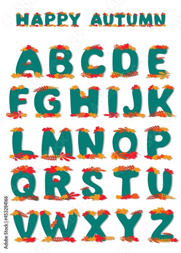 fall vector alphabet letters in flat style, blue font decorated with colorful leaves in autumn colors