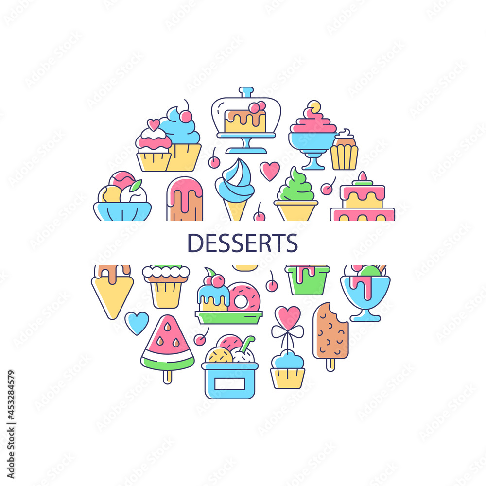 Desserts abstract color concept layout with headline. Sweets collection creative idea. Patisserie products. Cafe menu for desserts. Isolated vector filled contour icons for web background