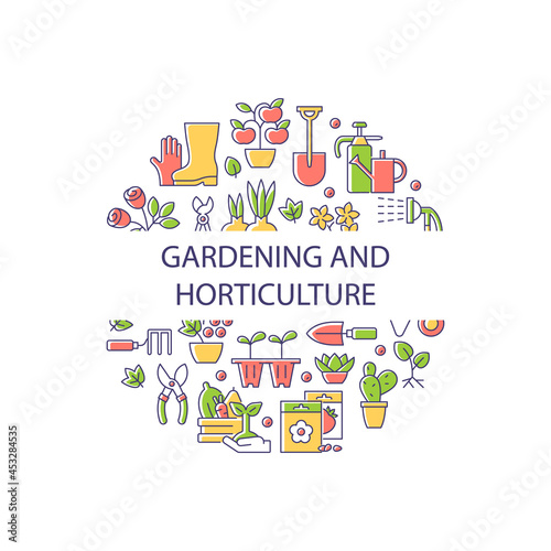 Gardening and horticulture abstract color concept layout with headline. Horticulture creative idea. Seedling and sapling in backyard. Isolated vector filled contour icons for web background