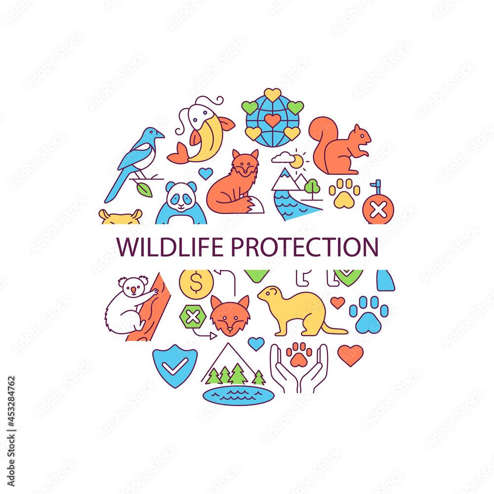 Fototapeta premium Wildlife protection abstract color concept layout with headline. Animal welfare creative idea. Save pets from cruelty. Biodiversity protection. Isolated vector filled contour icons for web background