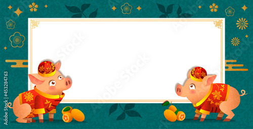 chinese background with empty white papper banner, two pigs in traditional chinese costumes and floral chinese pattern on blue background