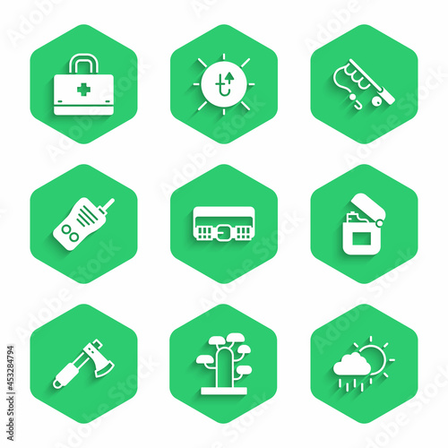 Set Hunting cartridge belt, African tree, Cloud with rain, Lighter, Wooden axe, Walkie talkie, Fishing rod and First aid kit icon. Vector