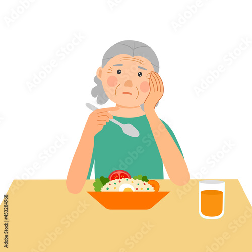 Senior woman feel not hungry concept vector illustration on white background. Old female unable to eat. No appetite.
