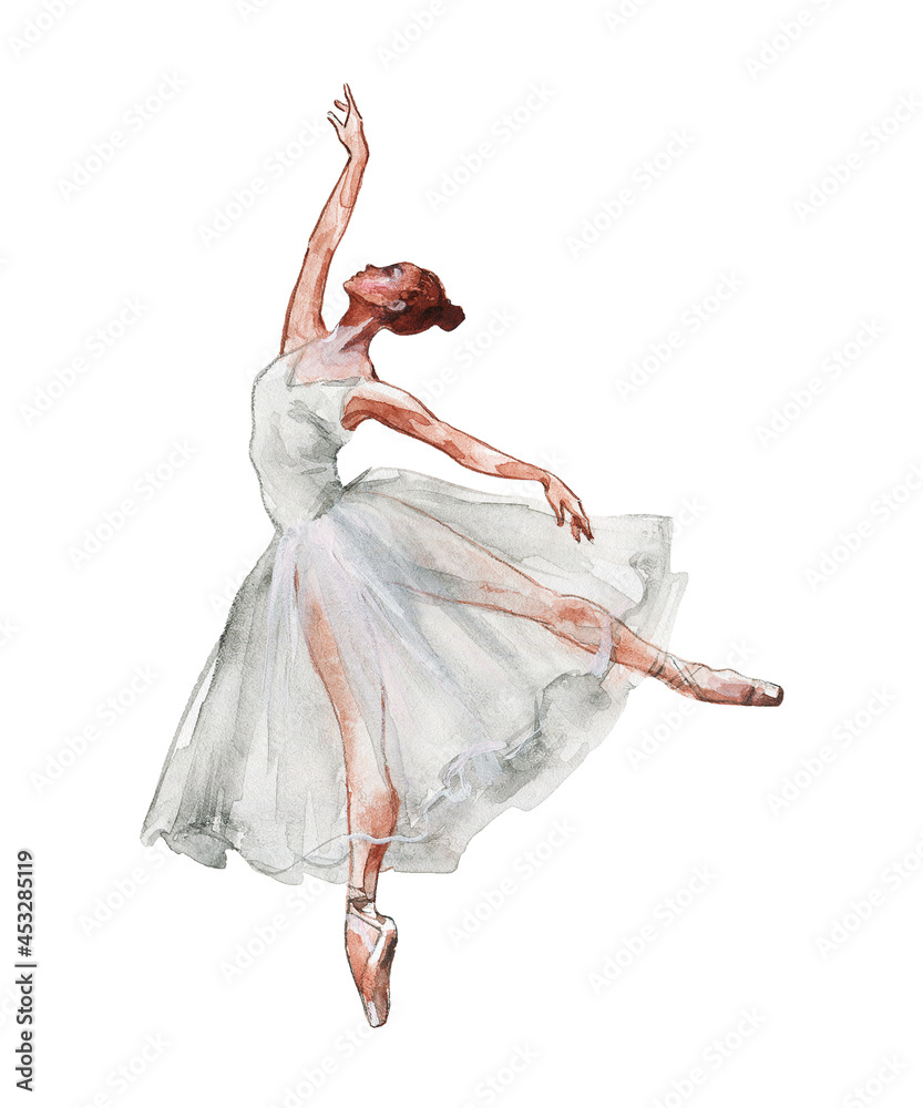 Watercolor isolated dancing ballerina. Hand drawn classic ballet  performance. Painting beautiful dancer woman in white dress. Stock  Illustration | Adobe Stock