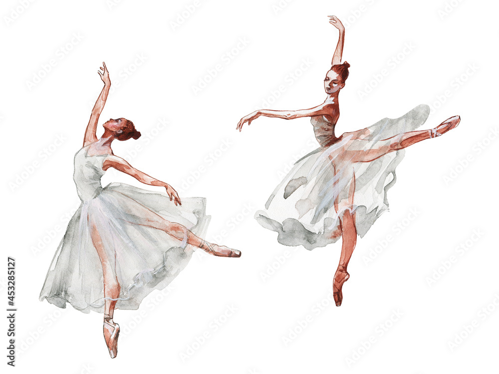 Watercolor isolated dancing ballerinas. Hand drawn classic ballet performance. Painting set of young women in white dress. - obrazy, fototapety, plakaty 