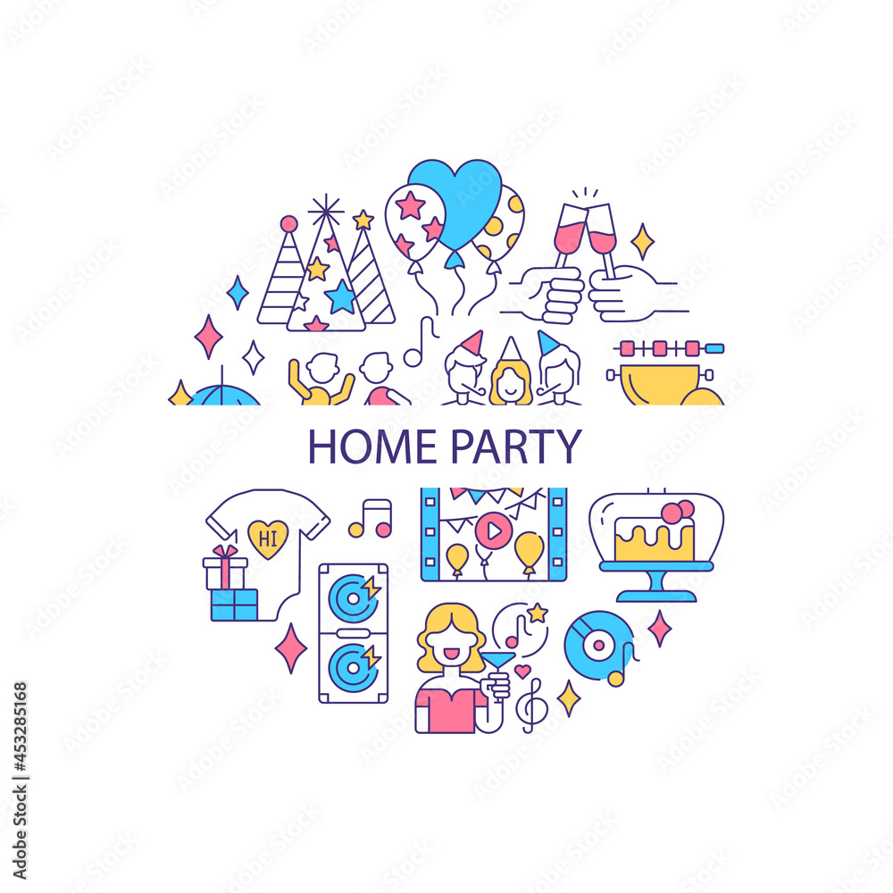 Home party abstract color concept layout with headline. Celebrating birthday with friends and family. Entertainment creative idea. Isolated vector filled contour icons for web background