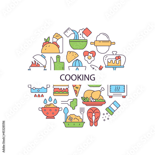 Cooking abstract color concept layout with headline. Recipe for preparing lunch with ingredients. Serve dish. Culinary creative idea. Isolated vector filled contour icons for web background