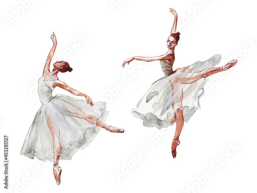 Watercolor isolated dancing ballerinas. Hand drawn classic ballet performance. Painting set of young women in white dress.