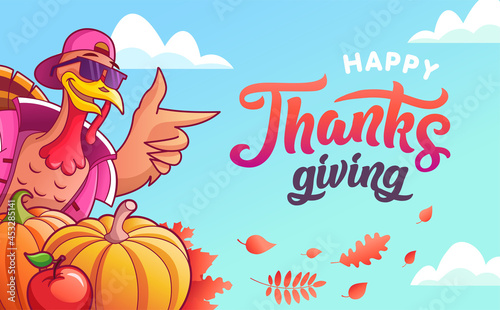 Happy thanksgiving. Banner with turkey, vegetables and autumn leaves and lettering. Cool stylish turkey in glasses and cap among pumpkins and apples. Autumn background with flying leaves.
