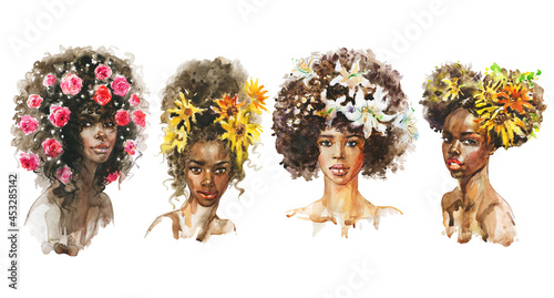 Watercolor portrait of African women with flowers. Painting set with ladies and roses, sunflowers, lilies. Hand drawn fashion illustration on white background.