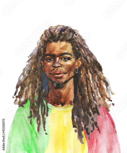 Hand drawn young man with long hair, hippie, rstaman. Watercolor realistic portrait on white background. Painting illustration.