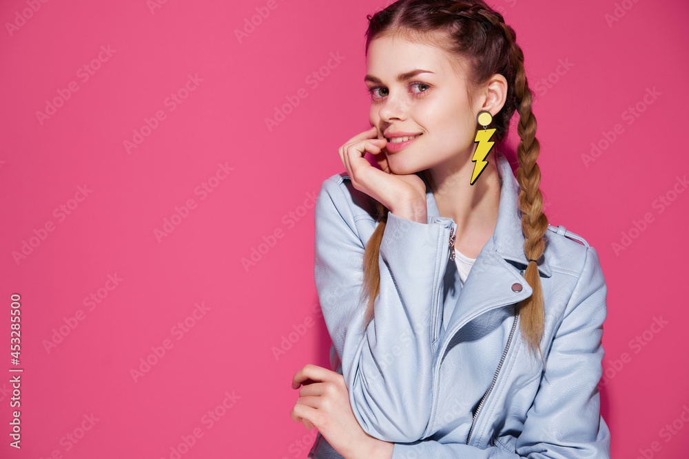 cute glamorous woman with pigtails blue jacket fashion style pink background cute glamorous woman with pigtails blue jacket fashion style pink background