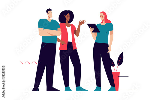 Flat style outline vector illustration depicting group of people on the subject of teamwork. Editable stroke photo