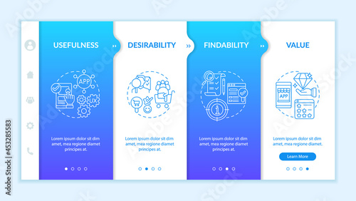 UX principles onboarding vector template. Responsive mobile website with icons. Web page walkthrough 4 step screens. Usefulness and value perspectives color concept with linear illustrations