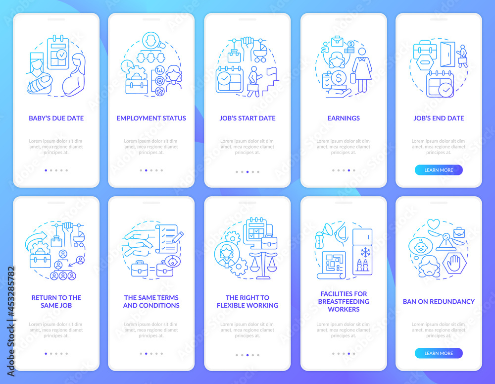 Maternity leave related blue gradient onboarding mobile app page screen set. Walkthrough 5 steps graphic instructions with concepts. UI, UX, GUI vector template with linear color illustrations