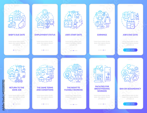 Maternity leave related blue gradient onboarding mobile app page screen set. Walkthrough 5 steps graphic instructions with concepts. UI, UX, GUI vector template with linear color illustrations
